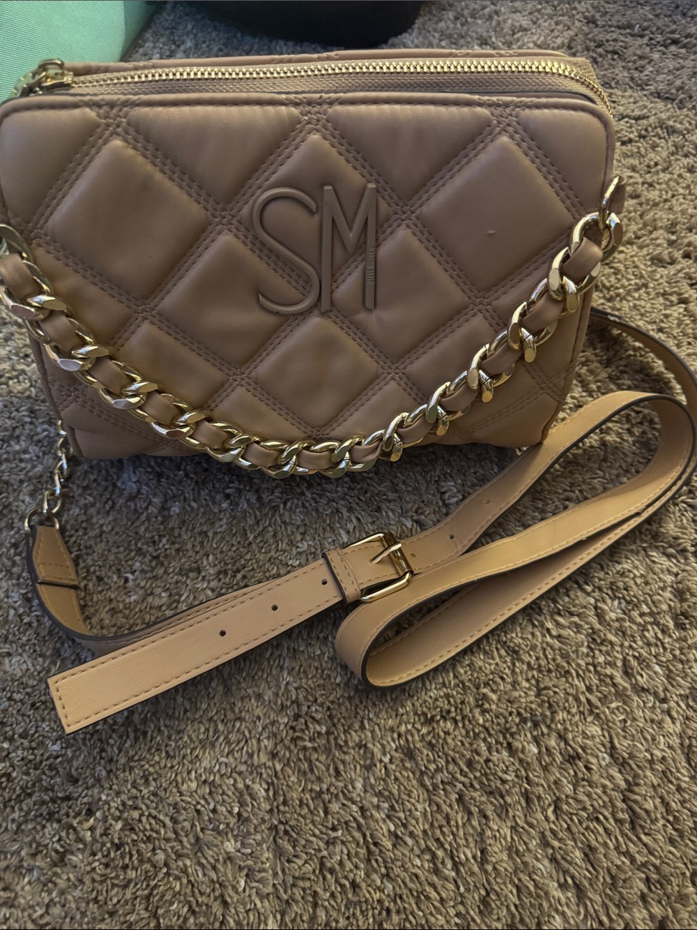 Steve Madden Quilted Tan Crossbody with Gold Chain